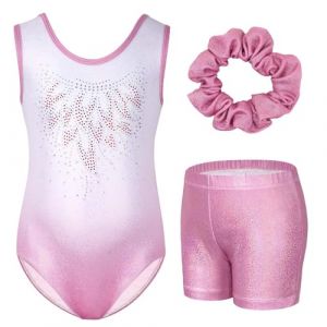 Gogokids Ensemble de Gymnastique Trois Pi&egrave;ces pour Filles, Justaucorps Sans Manches avec Shorts et Bandeau, Tenue de Gymnastique avec Design de Couleur Scintillants D&eacute;grad&eacute;e pour 8 &agrave; 9 Ans (KunTee, neuf)