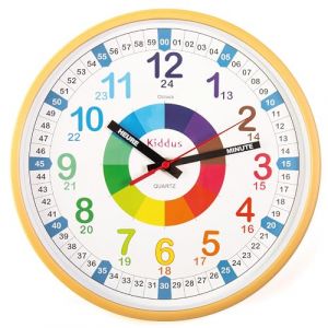 Kiddus Horloge Murale Éducative pour Enfants, Garçon, Fille. Diamètre 30 cm.Time Teacher Analogique avec Exercices. Mécanisme en Quartz Silencieux. XL Bois FRANÇAIS (Kiddus, neuf)