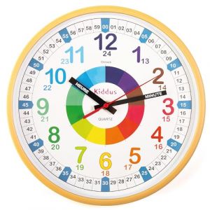 Kiddus Horloge Murale Éducative pour Enfants, Garçon, Fille. Diamètre 30 cm.Time Teacher Analogique avec Exercices. Mécanisme en Quartz Silencieux. XL Bois FRANÇAIS (Kiddus, neuf)