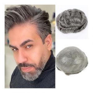 Perruque pour homme, Postiche en cheveux humains europ&eacute;ens for homme - 15 cm, base fine en PU, noir 1B avec 65% de gris-blanc,Perruque blonde(6x8icnh) (zhuyanbo, neuf)
