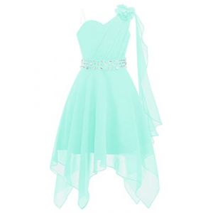 YiZYiF Enfant Fille Robe Princesse Soirée Mariage Cérémonie Strass Une Epaule à Fleur Mousseline Robe Demoiselle d'honneur Bal Fête 5-16 Ans Mint Green B 13-14 Ans (Shifang, neuf)