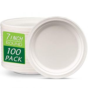 JEBBLAS Lot de 100 Assiettes en Carton Jetables &eacute;cologiques 100% Compostables de 17.78 cm,Blanc Assiette Jetable. (JEBBLAS-FR, neuf)