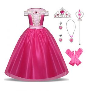 Hamanasu Deguisement Princesse Aurore Fille Robe Costume de la Belle au Bois Dormant avec Accessoires Anniversaire F&ecirc;te Halloween No&euml;l Partie Carnaval Cosplay Robe de Soir&eacute;e（rouge Ros&eacute;01，4-5Ans/120） (yufanzhenmaoyi, neuf)