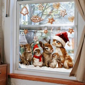 WandSticker4U®- Stickers fenêtre Noël ANIMAUX de la FORÊT enfant (51x43 cm) I Autocollant fenêtre Noël animaux enfant renard cerf lapin réutilisables I Décoration de Noel stickers vitres décoratifs (WandSticker4U®, neuf)