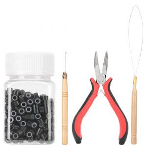 Anneau d'extension de cheveux en silicone Kit d'outils d'extension de cheveux professionnel avec pince incurv&eacute;e crochet aiguille de traction pour faire des extensions de cheveux (Iueburu, neuf)