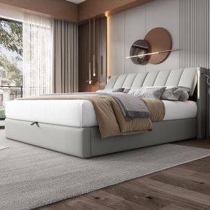 Zepneiy Lit 140x200 avec Sommier LED et USB, Lit Coffre 140x200 avec Rangement et Tete de Lit Réglable, Lit Double avec à Lattes Lit 2 Personnes, Lit Capitonné Cadre de lit 140x200(sans Matelas) (ZEYNEP OZTURK LIMITED, neuf)