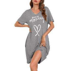 Sopesil Chemise de Nuit Femme en Modal Robe de Nuit &agrave; Col V Courtes V&ecirc;tement de Nuit avec Manches Couleur Pure Chemises de Nuit imprim&eacute;e en Forme de Coeur,Gris Clair,M (Sopesil Direct, neuf)