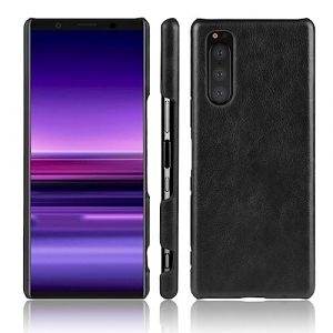 LMFULM&reg; Coque pour Sony Xperia 5 J8210 J8270 J9210 (6,1 Pouces) Mince PU Cover &Eacute;tui de Protection PC Dur Housse Arri&egrave;re Rigide Case Litchi Motif Noir (LMAZWUFULM, neuf)