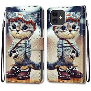 Mo-Somnus Coque pour iPhone 12 Mini (5,4 Pouces), Etui en Cuir PU Portefeuille Housse Coque avec 360 Degrés Silicone Antichoc Protection Cover Cuir Pochette Magnétique und Flip Béquille (Chat 1) (Mo-Beauty EU Store, neuf)