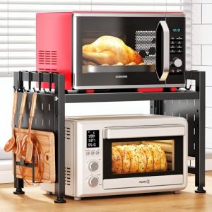SAYZH Etagere Micro Onde Extensible - Largeur R&eacute;glable 40-70 cm - Hauteur 3 Niveaux Ajustable - avec Support Planche &agrave; D&eacute;couper, Porte-Torchons et 10 Crochets - Rangement 2 Niveaux pour Cuisine (HXHOME-EU, neuf)