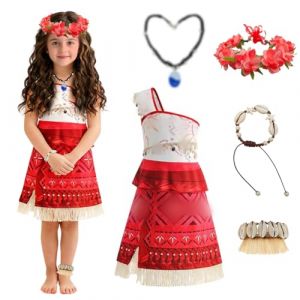 LGZIN Deguisement Vaiana Fille, Robe de Princesse Vaiana Enfants avec Collier, Bracelet, Guirlande, Bracelet de Cheville, Costume d'Aventure Vaianas pour Anniversaire Carnaval Cosplay (130) (JHA-EU, neuf)