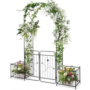 COSTWAY Arche de Jardin de 220 cm avec 2 Bacs Jardinière et Treillis, Pergola Extérieur pour Plantes Grimpantes avec Tubes Métalliques Portail Verrouillable, Décoration pour Mariage Fête (FDS GmbH, neuf)