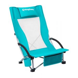 KingCamp Chaise de Plage Pliable Charge Max 180 kg, Chaise Pliante de Plage Portable Légère, avec Dossier Haut en Maille et Assise Basse, Fauteuil de Camping Jardin Pêche avec Porte-gobelet, Cyan (KingCamp EU, neuf)