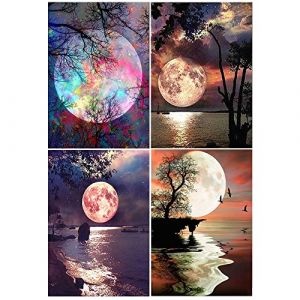DCIDBEI Lot de 4 peintures diamant lune 30 x 40 cm Peintures par num&eacute;ros Lune Peinture par num&eacute;ros paysage Diamond Painting Paysages Plage Rideau Douche Paysage de lac Artisanat Diamant Tableau effet (BEIMIN, neuf)