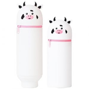 ZYEKIU Trousse Ecole 2 en 1 en Silicone Souple Kawaii Pochette de Stylo, Trousse Silicone Verticale Crayons en Souple R&eacute;tractable Sac Rangement Papeterie Fournitures (Vache Laiti&egrave;re) (RUIYIDZ, neuf)