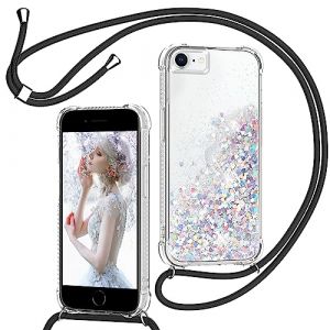 TUUTPU Coque pour iPhone 8/SE 2020/2022/7/6 avec Cordon, Paillette Liquide &Eacute;tui pour T&eacute;l&eacute;phone avec Lani&egrave;re, Transparent Silicone Collier R&eacute;glable Protection Housse Portable Lanyard Case, Noir (TUUTPU, neuf)