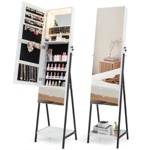GOPLUS Armoire &agrave; Bijoux sur Pied, Armoire &agrave; Bijoux Verrouillable avec Lumi&egrave;res LED 3 Couleurs, Miroir Pleine Longueur, Tiroir, &Eacute;tag&egrave;re Pliable, 166CM Organisateur de Bijoux (Blanc) (Augenstern24, neuf)