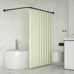 YOFOQ Tringle Douche Angle en Forme de L, Tringle à Rideau de Douche Réglable 62-94x141-174 cm, Baignoire, Tringle à Rideau de Douche en Acier Inoxydable avec 16 Anneaux (HAO3692, neuf)