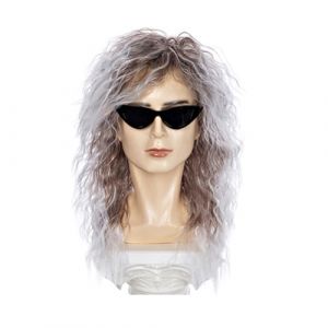 Jasaly Perruques pour Punk Flaccid Longue Perruque Bouclée pour Homme Haute Température Fibre Rock Cosplay Costume, Argent Blanc et Marron (Lanpanxiang, neuf)