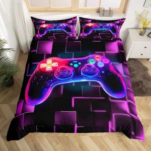 Homewish Housse de Couette 140x200 Enfant Garçon Gaming, Parure de Lit Gamer Violet, Sets de Housses de Couettes Galaxie Manette de Jeux Vidéo, Couvre Lit Géométrique Carrée Au Néon (Suzhou yiyanyun e-commerce Co., Ltd, neuf)