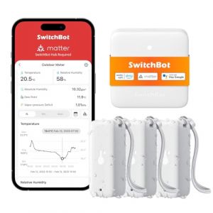 SwitchBot WiFi Thermo-hygromètre 3 Pièces avec Hub Mini Matter, Thermomètre IP65, Capteur de température/de point de rosée/VPD/d'humidité absolu avec alertes intelligentes, Fonctionne avec Alexa (SwitchBot, neuf)