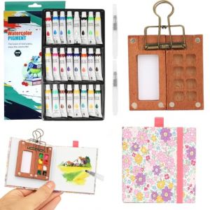 Kit aquarelle de poche - Mini kit de voyage avec clips de reliure - Mini bo&icirc;te aquarelle - Kit de voyage pour artiste en bois - Palette de 8 grilles pour peintres, artistes, &eacute;tudiants (rose-24) (BLSFXROE, neuf)