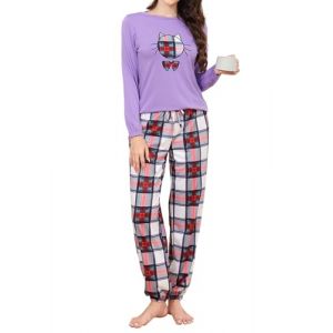 Reliwel Pyjama Femme Coton Ensembles de Pyjama Femme Hiver Chaud Haut Col Rond Manches Longues et Bas de Pyjama à Carreaux Vêtements de Nuit 2 Pièces Confortable Détente (Reliwel-FR, neuf)