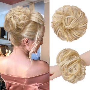 FESHFEN Chignon Postiche Cheveux Grande Postiches, Bouclés Ondulés Extensions Chouchou Postiche Cheveux Naturel Faux Chignon effet decoiffe Elastique pour Femme, 55g Blond Champagne et Blond blanc (colorful ＆ easy life, neuf)