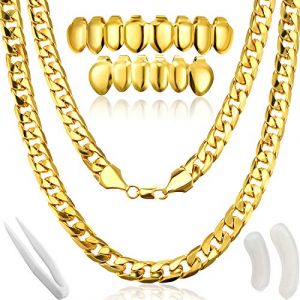 Gejoy Costume de Rappeur Hip Hop, Collier de Cha&icirc;ne Faux d&rsquo;Or Collier Chunky avec Plaqu&eacute; Or pour Bouche Haut Bas Grilles de Dents Hip Hop pour Dent de Bouche, 80/ 90s Punk/Hip Hop/Costume Rappeur (Meoyo Direct, neuf)