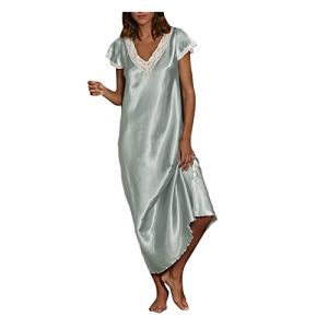 Mrat Chemise de nuit pour femme - Longue chemise de nuit en satin - Sexy - Col en V - &Eacute;l&eacute;gante - Manches courtes - Robe longue d&eacute;contract&eacute;e et douce - V&ecirc;tements de nuit - V&ecirc;tements de d&eacute;tente - Pyjama (qiyueshangmaoshanghang, neuf)