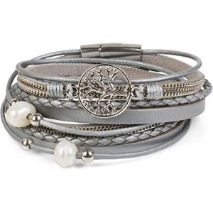 styleBREAKER Bracelet enroulé avec Perles, chaînes, Tresse et Pendentif en Forme d'arbre de Vie, Fermeture magnétique, Parure de Poignet, Femmes 05040070, Couleur:Gris Clair-Argent (styleBREAKER, neuf)