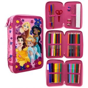 CARTOON Trousse 3 zip complet 44 pi&egrave;ces papeterie multi-compartiments stylos crayons couleurs marqueurs giotto pour l'&eacute;cole, princesses, 19.5 x 12.5 x 7 cm, trousse (Massi s.r.l., neuf)