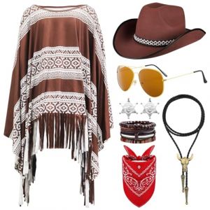 8 Pi&egrave;ces Ensemble de D&eacute;guisement de Cowboy Western, Kit d'accessoires de Cowboy avec Cape Chapeau Lunettes Bandanas &agrave; Motif Cachemire Collier Badge Bracelet pour Homme Femme Halloween Carnaval (Qi ShiPengDeshop, neuf)