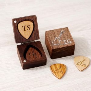 Bo&icirc;te de m&eacute;diator de guitare personnalis&eacute;e avec incrustation en laiton, m&eacute;diator en bois grav&eacute; pour guitariste, cadeau musical (Jaja gifts, neuf)