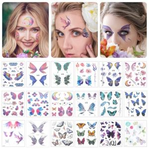 18 Feuilles Tatouage Temporaire Papillon pour Femmes Autocollants de Tatouage Papillon à Paillettes Visage Imperméable Tatouage Temporaire pour Yeux Corps Carnaval Halloween Fête Cosplay (Maple live, neuf)