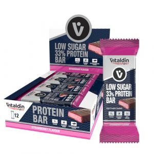VITALDIN SPORT Low Sugar 33% Protein Bar Fraise – Barres Protéinées – 12u x 45g – Barre Energetique Sport Avec Proteines Pour Musculation – Proteine Vegan – Contribue la croissance de ton muscle. (BNS - Vitaldin, neuf)