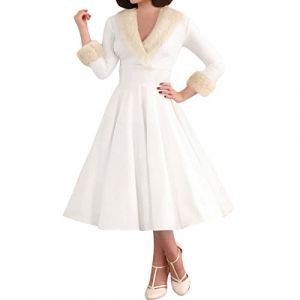 pvucpot Robe Noel Femme Hiver Vintage Années 50 Pin Up Femme Chic Elegante Robe de Noël avec Coutures en Fourrure Col en V Noël Femmes épaule Imprimer Vintage Robe De Soirée Robe évasée (goodups, neuf)