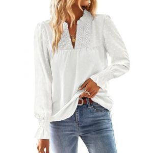 TUUHAW Chemise Femme Chic et &Eacute;l&eacute;gant Automne Grande Taille Manches Longues Boh&egrave;me Top Col en V Manche &agrave; Volants Dentelle Haut T-Shirts &agrave; Point Suisse D&eacute;contract&eacute; Fluide Tunique Blanc XXL (TROFANO, neuf)