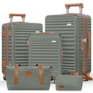 SHOWKOO Set 5 Valise de Voyage Rigide Cabine Extensible Légère Durable Polycarbonate Grande Taille Sets de Bagages à 4 roulettes et Serrure TSA avec Trousse de Toilette et Sacs de Voyage, Vert Clair (USA Travels, neuf)