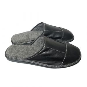 MARKA WYROBY WEŁNIANE - Chaussons d'hiver pour homme en cuir - Avec laine v&eacute;ritable - Fourrure - Mules doubl&eacute;es et moelleuses - Chaussons d'int&eacute;rieur pour homme - Noir, Noir , 47 EU (MARKA WYROBY WELNIANE, neuf)