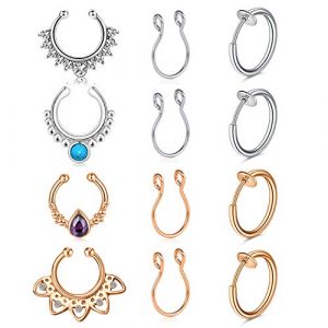 Mayhoop 12Pièces Faux Piercing Nez Faux Septum Acier Chirurgical avec Diamant Turquoise Améthyste Faux Anneau Nez Non Piercing Non-Percé Faux Piercing Daith Femme Homme (Mayhoop, neuf)