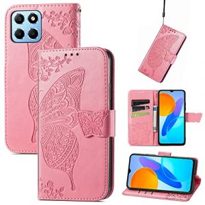 JIUNINE Coque pour Honor X6 / Honor X8 5G / Honor 70 Lite, Antichoc Housse &eacute;tui en Cuir PU Flip Case Portefeuille &agrave; Rabat avec Motif Papillon [Porte Carte] [Magn&eacute;tique] pour Honor X6, Rose (JIUSEN EU Store, neuf)