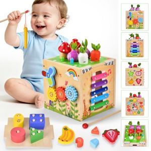 Qufby Cube D'Activité Jouet Montessori Bebe, 8 en 1 Jouet Bebe Montessori,Cube d'Activité Bébé Jouet Bebe, Jouet d'Éveil Sensoriel Bois, avec Cueillir Les Navets & Xylophone Bebe & Horloge Jeu (Tóth Mária Hajnalka, neuf)