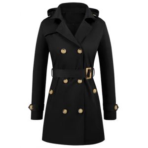 Yuson Girl Trench Coat Femme Double Boutonnage Manteau Classique Coupe Vent Trench Femme Capuche Impermeable L&eacute;g&egrave;re Parka mi Saison Casual Vestes Printemps Automne avec Ceinture(Noir, M) (YusonGirl, neuf)