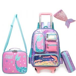 HTgroce Cartable Fille Primaire Avec Roulette Sirène, Sac a Roulette Fille Primaire, Détachable Cartable a Roulette Fille ce2 (Lldaily EUR, neuf)