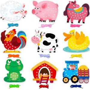 Cartes de la&ccedil;age sur le th&egrave;me de la ferme, 9 cartes de couture Double face avec 9 lacets color&eacute;s, jouets de la&ccedil;age pour le d&eacute;veloppement de l'imagination, 9 pi&egrave;ces (Spritegru, neuf)