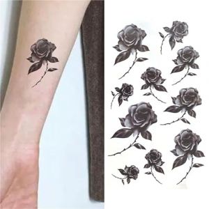 Autocollants de tatouage noir et blanc, imperméables, durables, pour femmes, roses, papillons, fleurs unies esthétiques(A6) (CHJWEIHHERT, neuf)