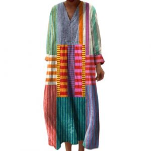 Robe Ete Femme Mi Longue Fluide Coton Chemise Robes Manches Longues Ample Casuel A-Line Imprim&eacute; Fleur Robes Col V Ronde Boh&egrave;me Robe De Soiree Femme Vintage Dress Pour F&ecirc;te Travail (Anglekie, neuf)