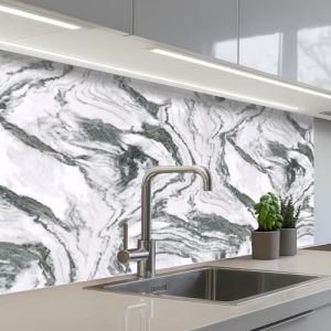 KitchenYeah© Credence Cuisine Adhesive 60x100 cm Protege Mur Revetement Mural Adhesif Parement Interieur À Coller Plaque Plastique Rigide Blanc - Marbre - Ondulé - Graphite (KitchenYeah, neuf)