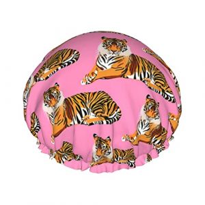 Motif Tigre Sur Rose Bonnet De Douche Pour Les Femmes Réglable Double ÉtancheBathing Shower Hat Hair Protection Réutilisable Ladies Spa Salon Shower Hat (changfengZA, neuf)